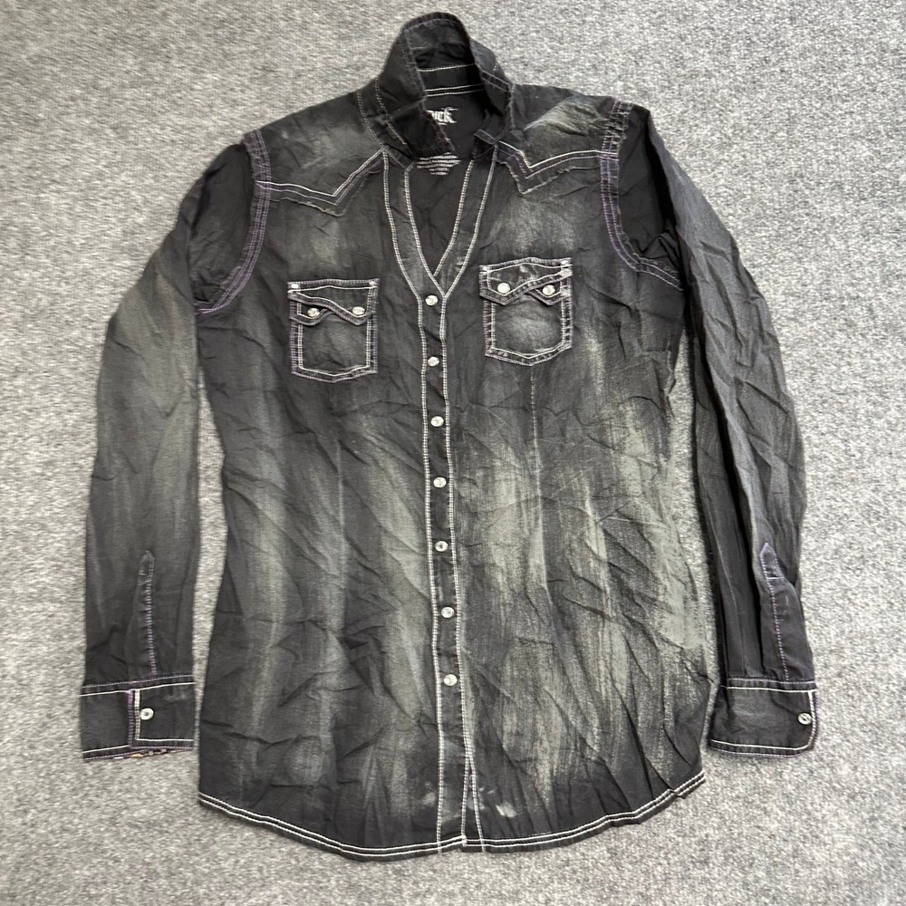Rock 47 Wrangler Western Shirt Womens Size M Black Acid Wash Cotton Embroidered